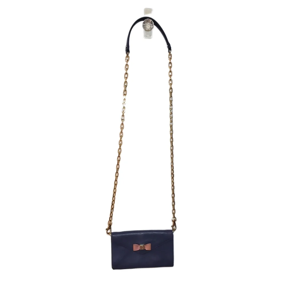 Tory Burch Blue Leather Envelope Mini Crossbody Purse Bag with Pink Bow